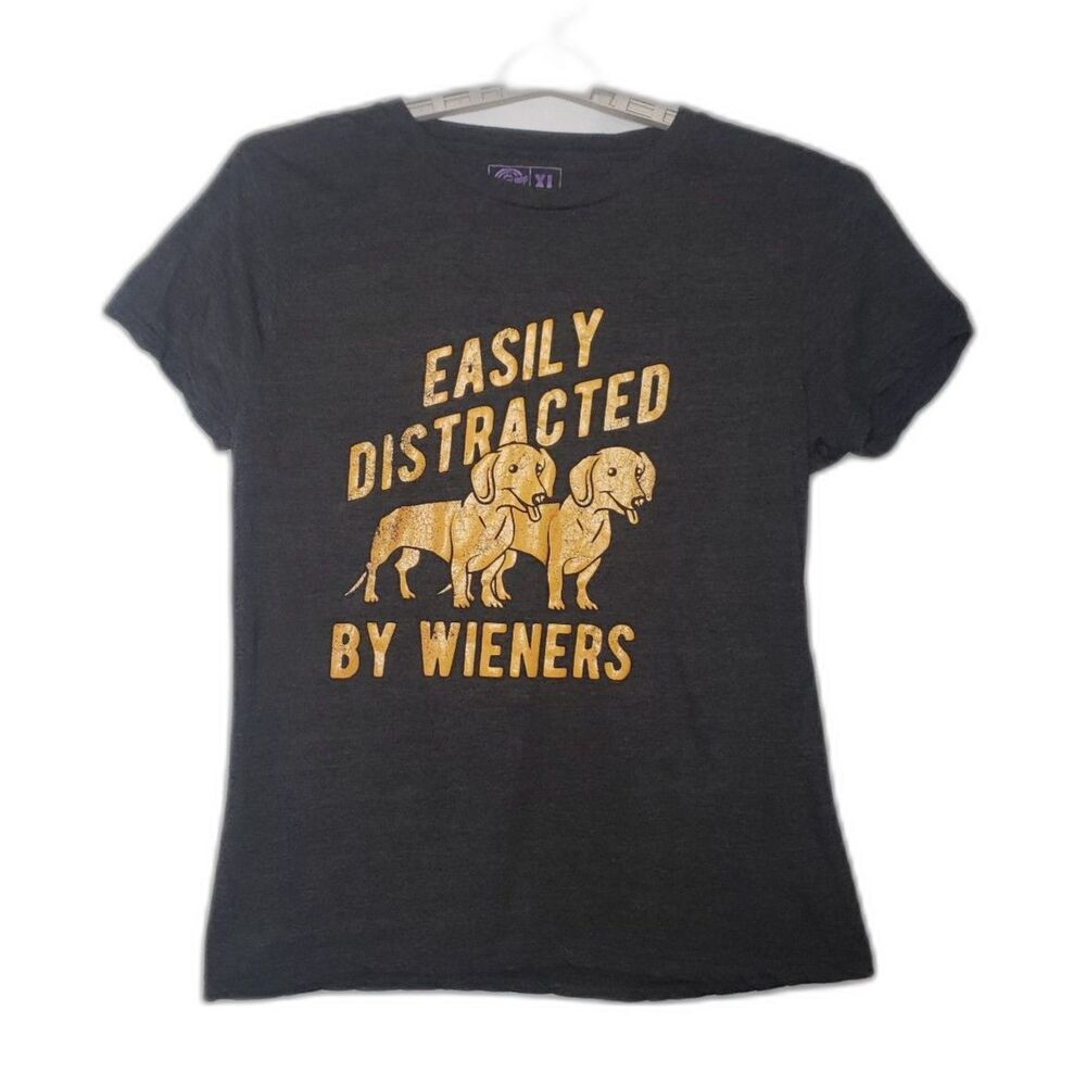 Easily Distracted By Weiners Dachshund Doxie Dog Gray T Shirt Womens Size XL